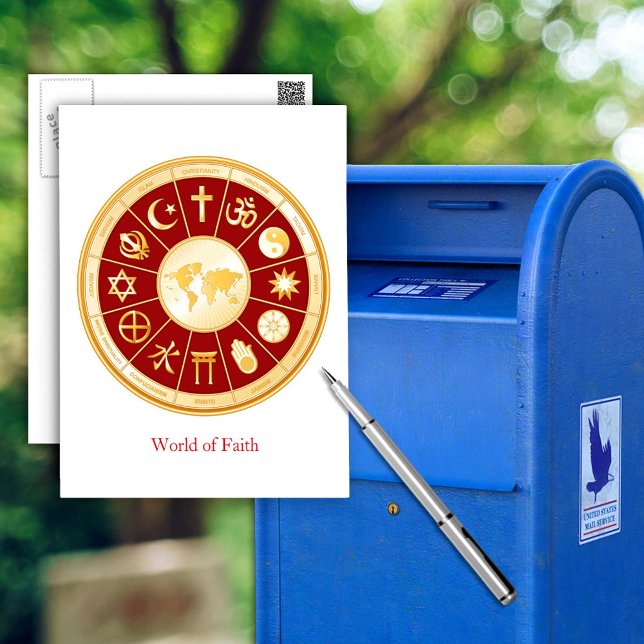 Carte Postale Monde de la foi (World of Faith Postcard.
Gold symbols of international religions surround a world map. )
