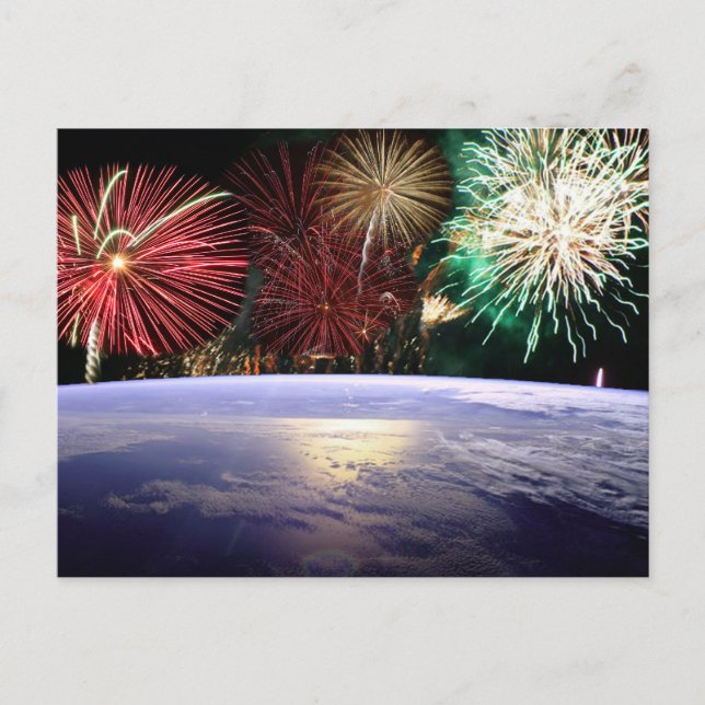 Carte Postale Monde et Feux d'Artifice, Vue de la Terre, ZSSG (Devant)