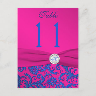 Carte Postale Monogram Cobalt and Fuchsia Damask Table Number