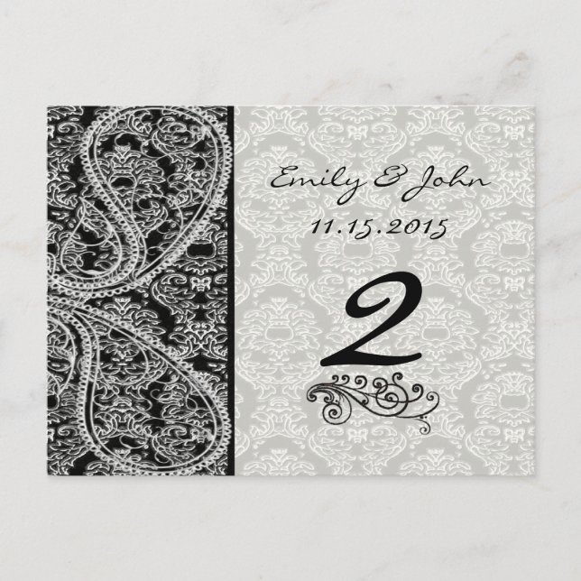 Carte Postale Monogramme Black Mariage damassé Numéro de tableau (Devant)