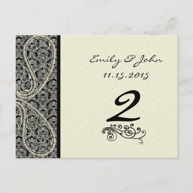 Carte Postale Monogramme Black Mariage damassé Numéro de tableau (Devant)