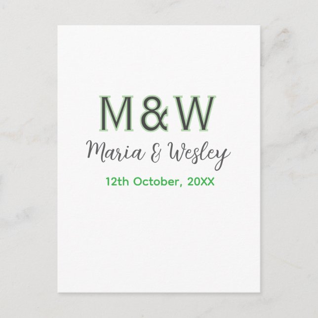 Carte Postale Monogramme couple gris vert moderne date romantiqu (Devant)