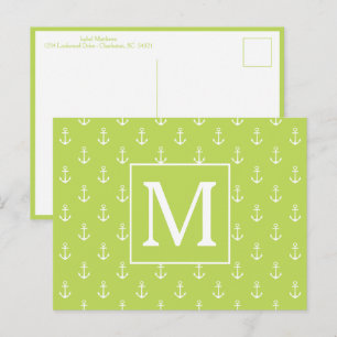 Carte Postale Monogramme d'ancres vert feuille de palmier et bla