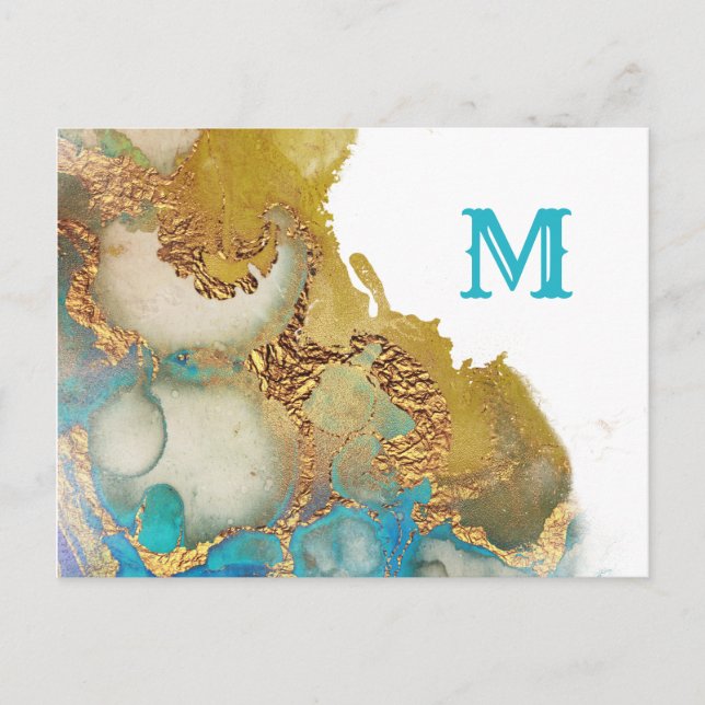 Carte Postale Monogramme d'aquarelle Turquoise Abstrait Gold Aga (Devant)