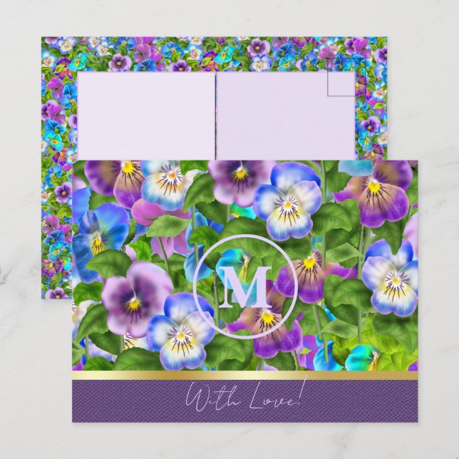 Carte Postale Monogramme Fleurs de Pensée Violette Anniversaire  (Devant / Derrière)