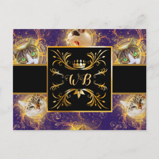 Carte Postale Monogramme Floral Orné Cute Chat - Royal Purple