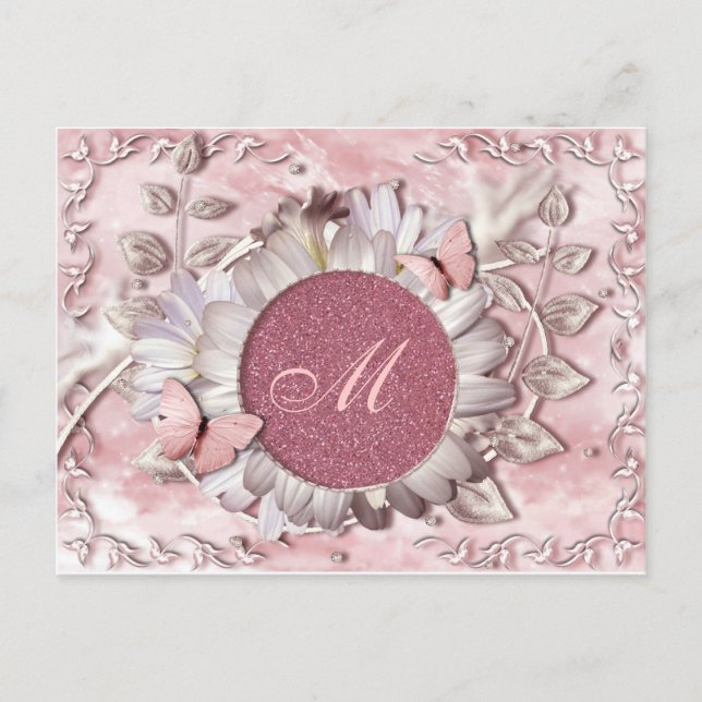 Carte Postale Monogramme floral papillon élégant (Devant)