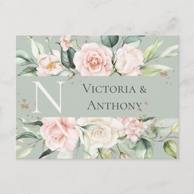 Carte Postale Monogramme Floral Rose Aquarelle Économisez la Dat (Devant)