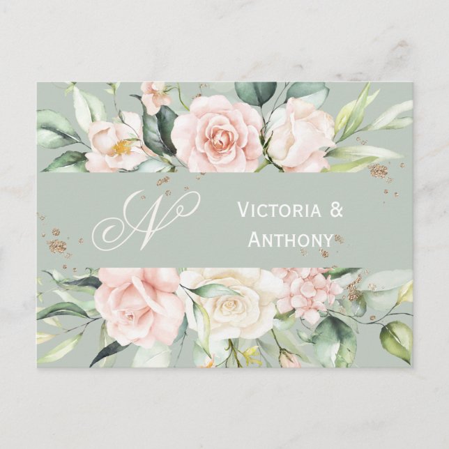 Carte Postale Monogramme Floral Rose Aquarelle Enregistrer la Da (Devant)