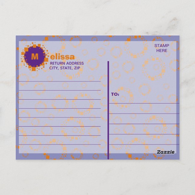 Carte Postale Monogramme Initial Orange Violet Carrés Cercles  (Dos)