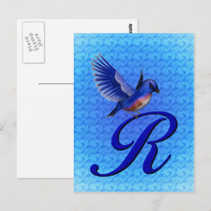 Carte Postale Monogramme Initial R Élégant Oiseau Bleu