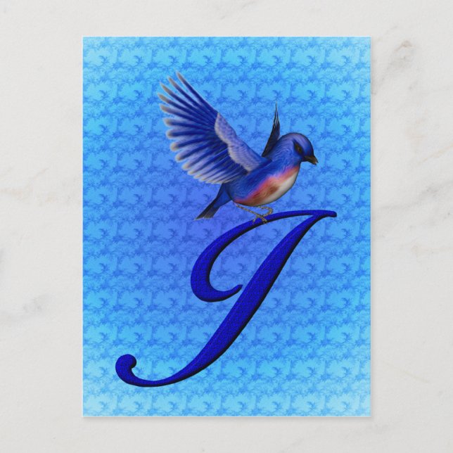 Carte Postale Monogramme Initiale J Élégant Oiseau Bleu (Devant)