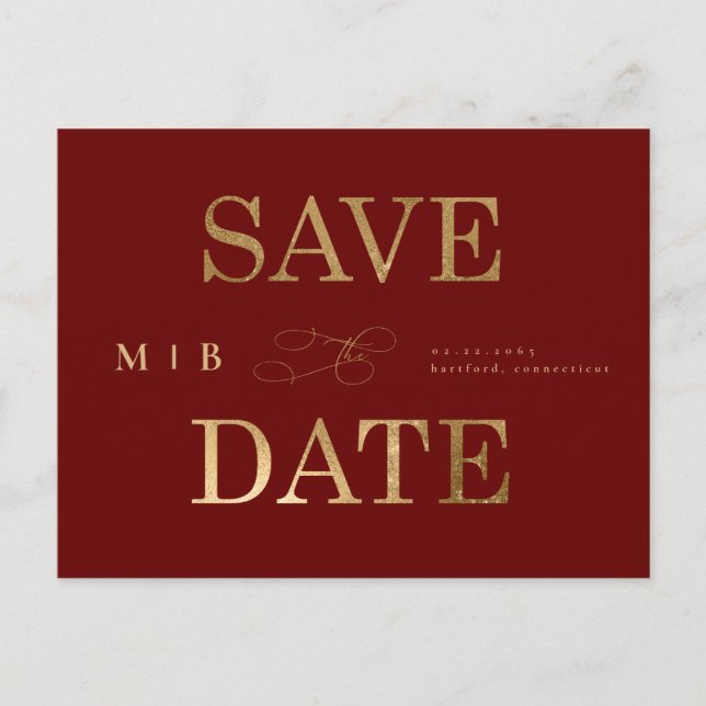 Carte Postale Monogramme Or Mariage rouge profond Enregistrer la (Devant)