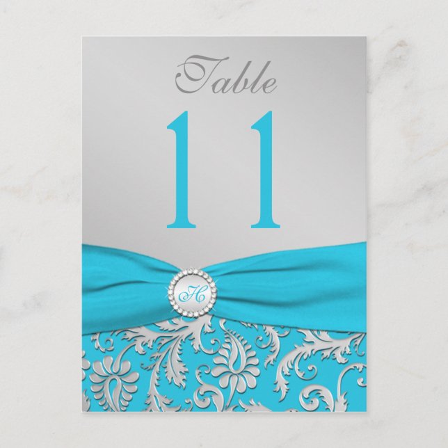 Carte Postale Monogramme Turquoise et Argent Damask Numéro de ta (Devant)