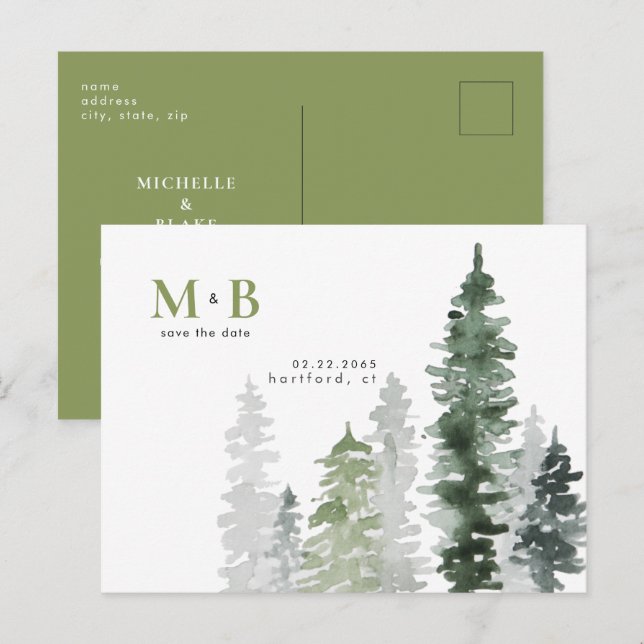 Carte Postale Monogramme vert de mousse de bois Enregistrer la d (Devant / Derrière)