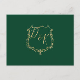 Carte postale Monogrammed Gold Crest Green Wedding