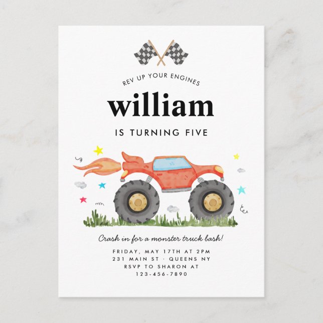 Carte Postale Monster Truck Bash Voiture Drapeaux de course Anni (Devant)