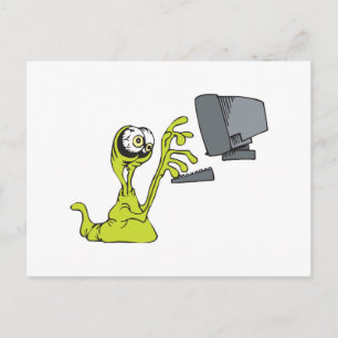 Carte Postale monstre alien blob vert en train de taper sur un o
