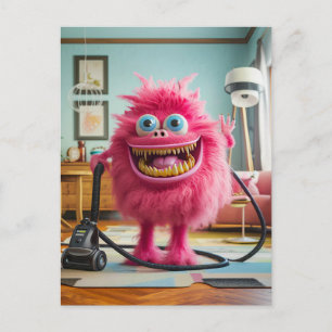 Carte Postale Monstre de nettoyage heureux avec son aspirateur