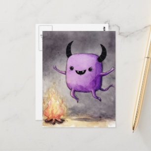 Carte Postale Monstre Violet Mignon Aquarelle et un Feu de Camp