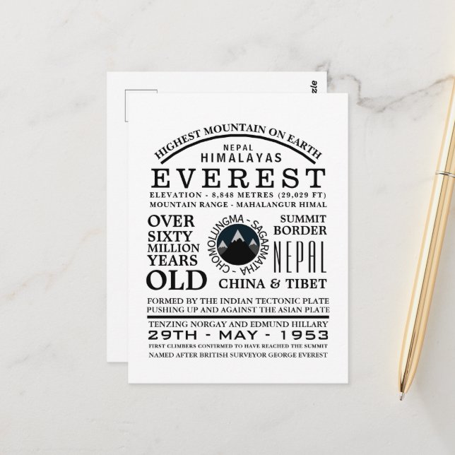 Carte Postale Mont Everest, Information sur l'expédition en mont (Devant/Arrière en situation)