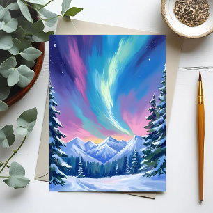 Carte Postale Montagne aquarelle aurore boréale nuit hivernale