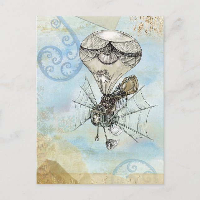 Carte Postale Montgolfière conception bleu rétro steampunk (Devant)