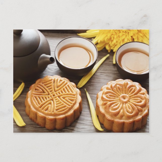 Carte Postale Mooncake et thé, festival chinois mi-automne (Devant)