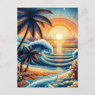 Carte Postale Mosaic Ai Art   Coucher de soleil océanique et pal