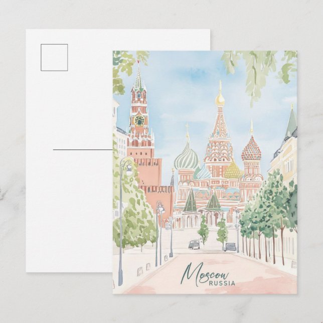 Carte Postale Moscou Russie Gouache Peinture Voyage (Devant / Derrière)