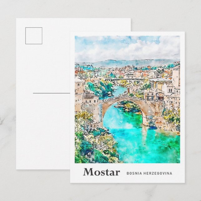 Carte Postale Mostar Bosnie Voyage Aquarelle main tirée (Devant / Derrière)
