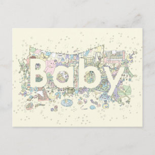 Carte Postale Mot Bébé mignon Art Pastel Couleurs Genre Neutre