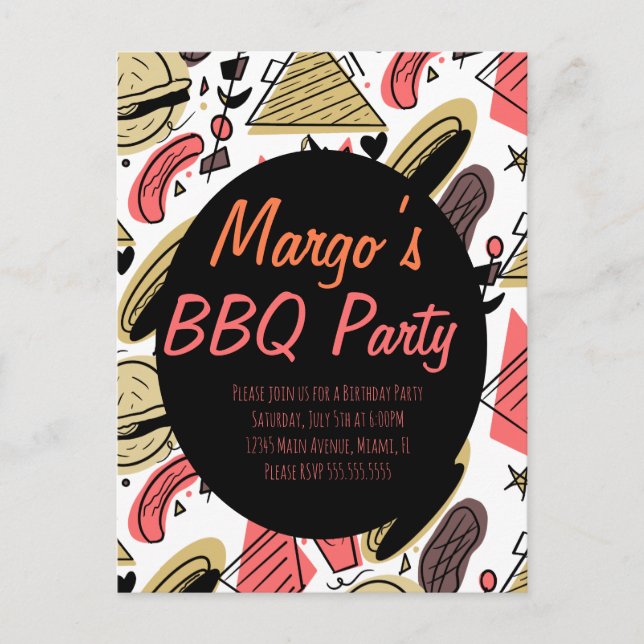Carte Postale Motif Anniversaire BBQ Burger Hotdog Doodle  (Devant)