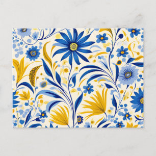 Carte Postale Motif Bleu Barbeau et Feuilles Jaunes