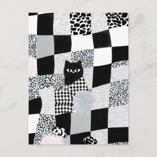 Carte Postale Motif chat noir gingham à carreaux mixtes guépard