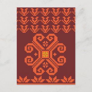 Carte Postale Motif d'art populaire lituanien rouge et orange