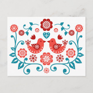 Carte Postale motif d'art populaire scandinave rouge et bleu