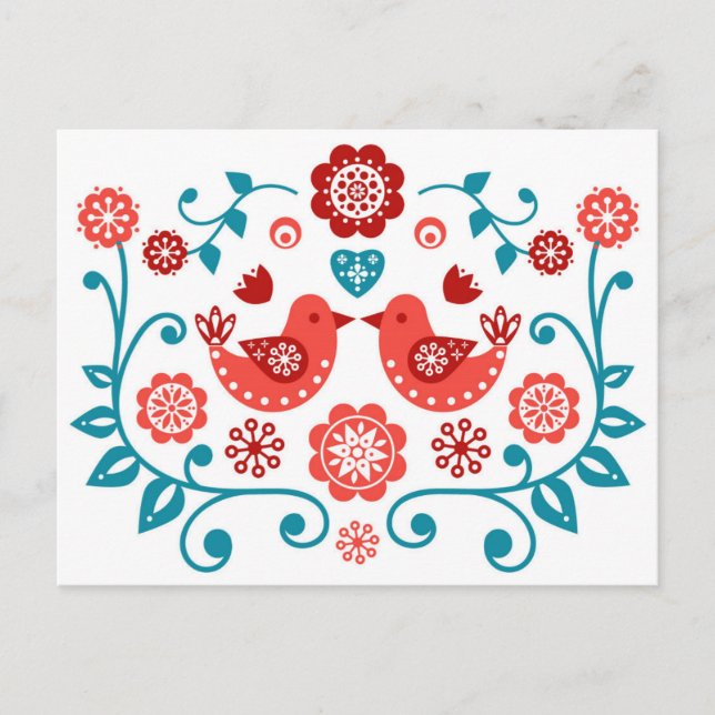 Carte Postale motif d'art populaire scandinave rouge et bleu (Devant)