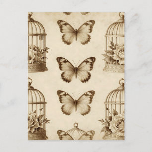 Carte Postale Motif de cage à oiseaux papillon Rose rétro Sépia