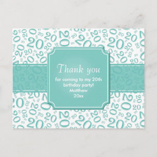 Carte Postale Motif de chiffres pour les 20 ans Merci Teal/Blanc