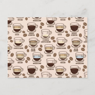 Carte Postale Motif de différentes boissons de café dans un café