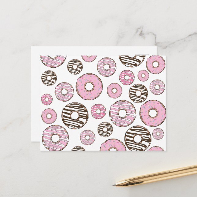 Carte Postale Motif de donuts, Donuts roses, Donuts blancs (Devant/Arrière en situation)