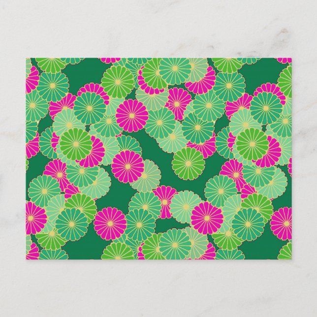 Carte Postale Motif de fleurs Art Déco - tons verts, fuchsia (Devant)