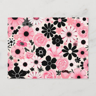 Carte Postale Motif de fleurs botaniques roses et noires rétro