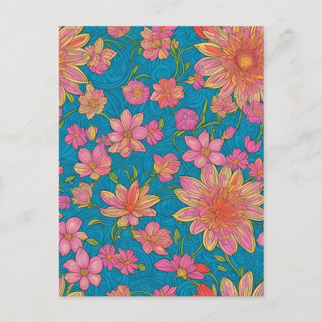 Carte Postale Motif de fleurs roses sur Arrière - plan bleu (Devant)