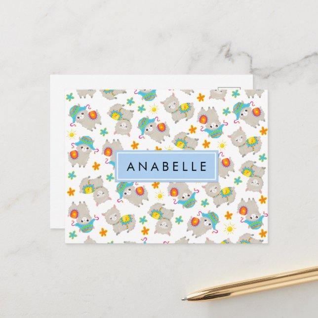 Carte Postale Motif De Llamas, Alpacas, Fleurs, Votre Nom (Devant/Arrière en situation)