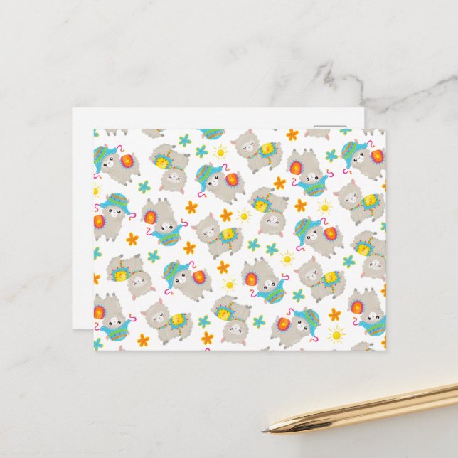 Carte Postale Motif De Llamas, Cute Llamas, Alpacas, Fleurs (Devant/Arrière en situation)