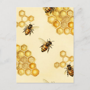 Carte Postale Motif de nid d'abeille au miel à l'aquarelle