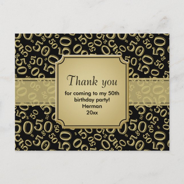 Carte Postale Motif de numéro d'anniversaire 50 ans Merci Or/Noi (Devant)