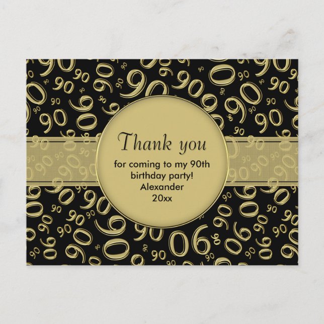 Carte Postale Motif de numéro d'anniversaire 90 ans or/noir pour (Devant)